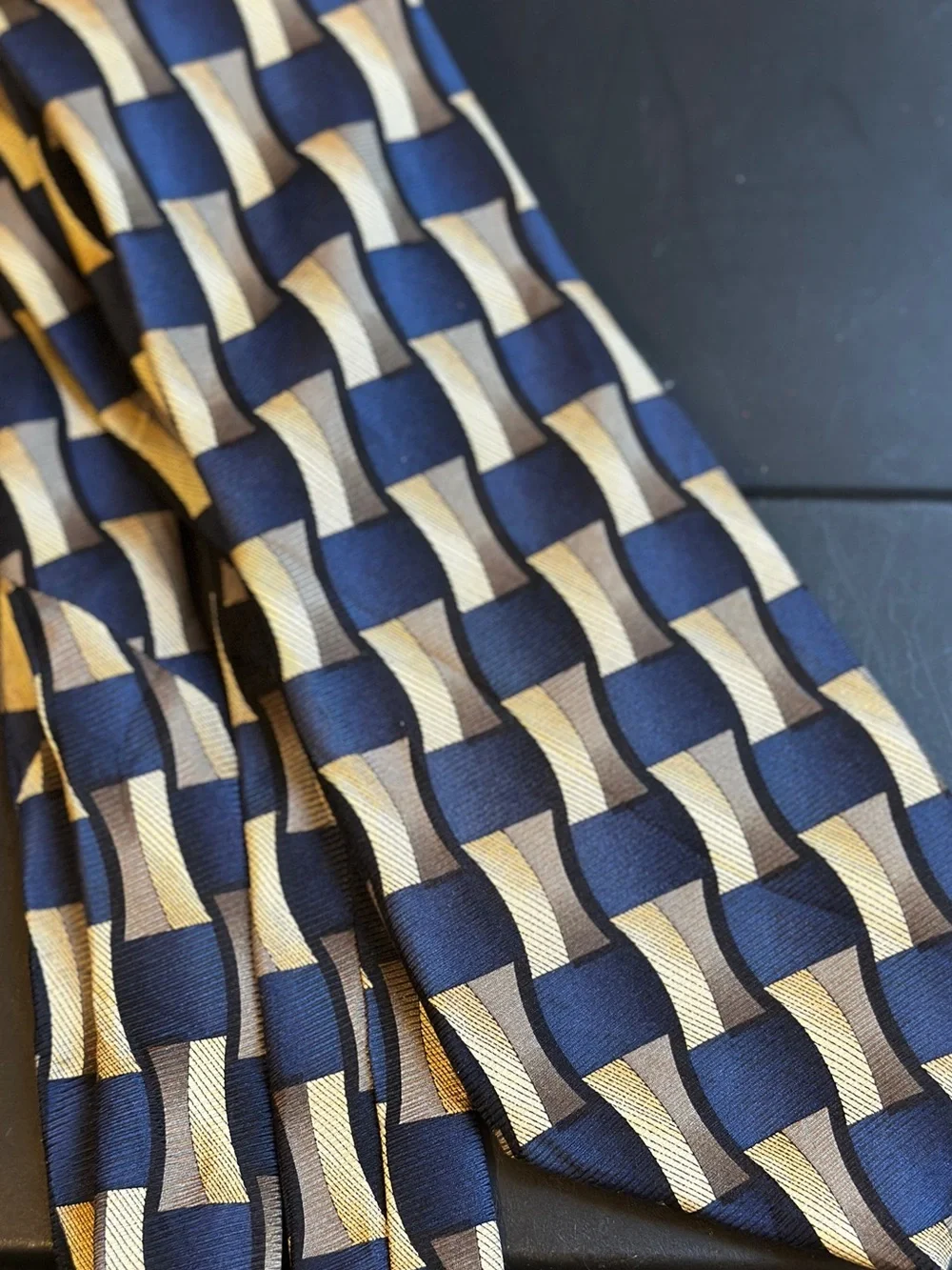 100% silk handmade Navy & Gold Geometric Men's Tie necktie menswear
